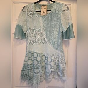 Vintage Asymmetrical Green and Blue Blouse with Embellishments